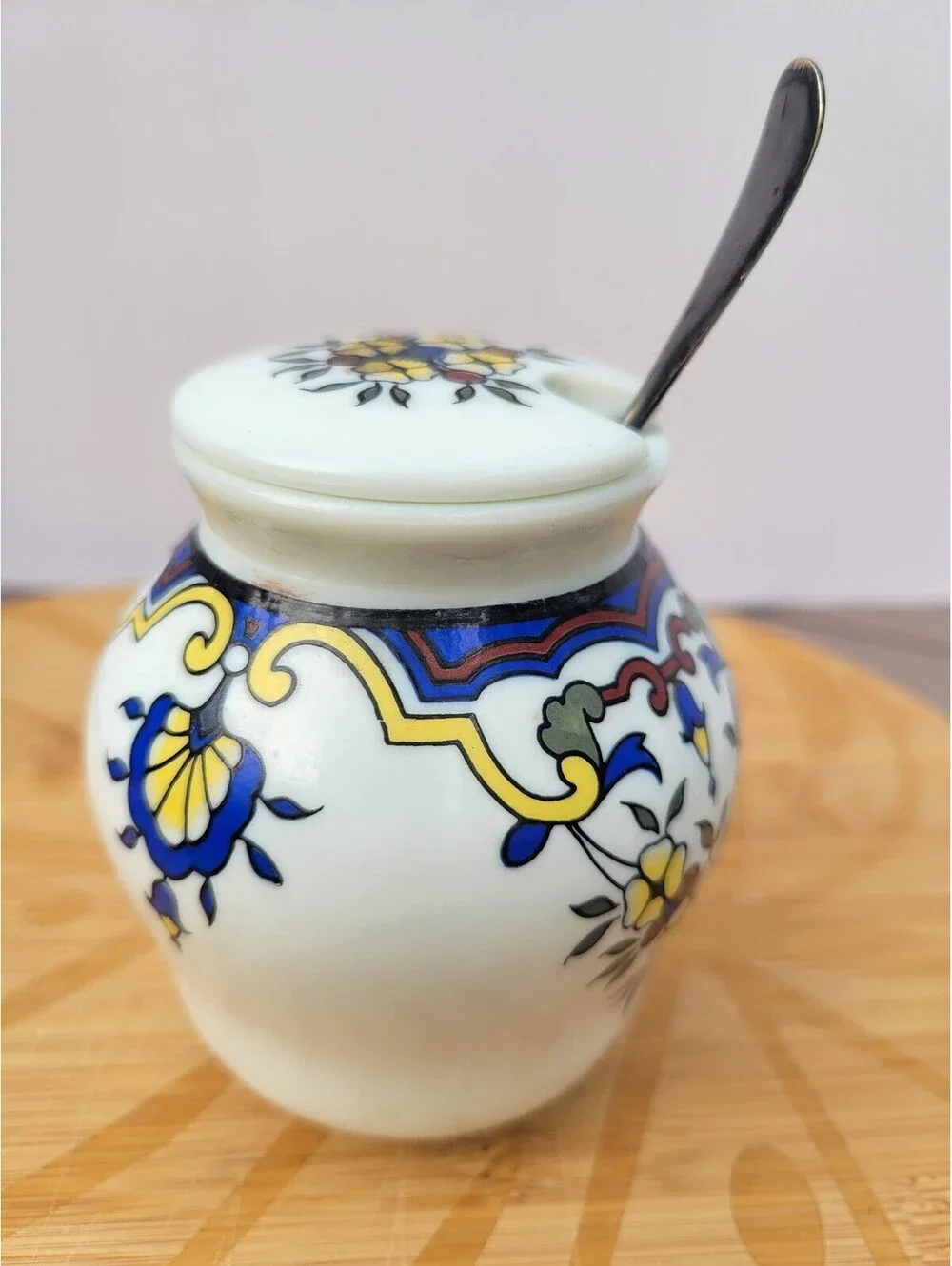 Mustard Pot Jar Moutarde Bocquet France With Spoon Floral Porcelain